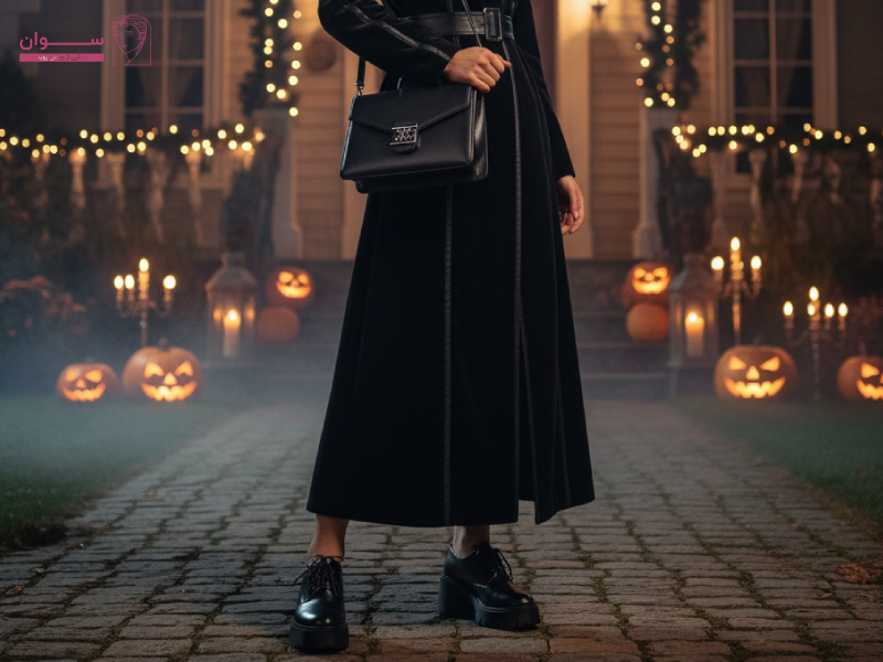 استایل مرموز هالووین با کیف دستی زنانه مشکی و کفش زنانه خاص
